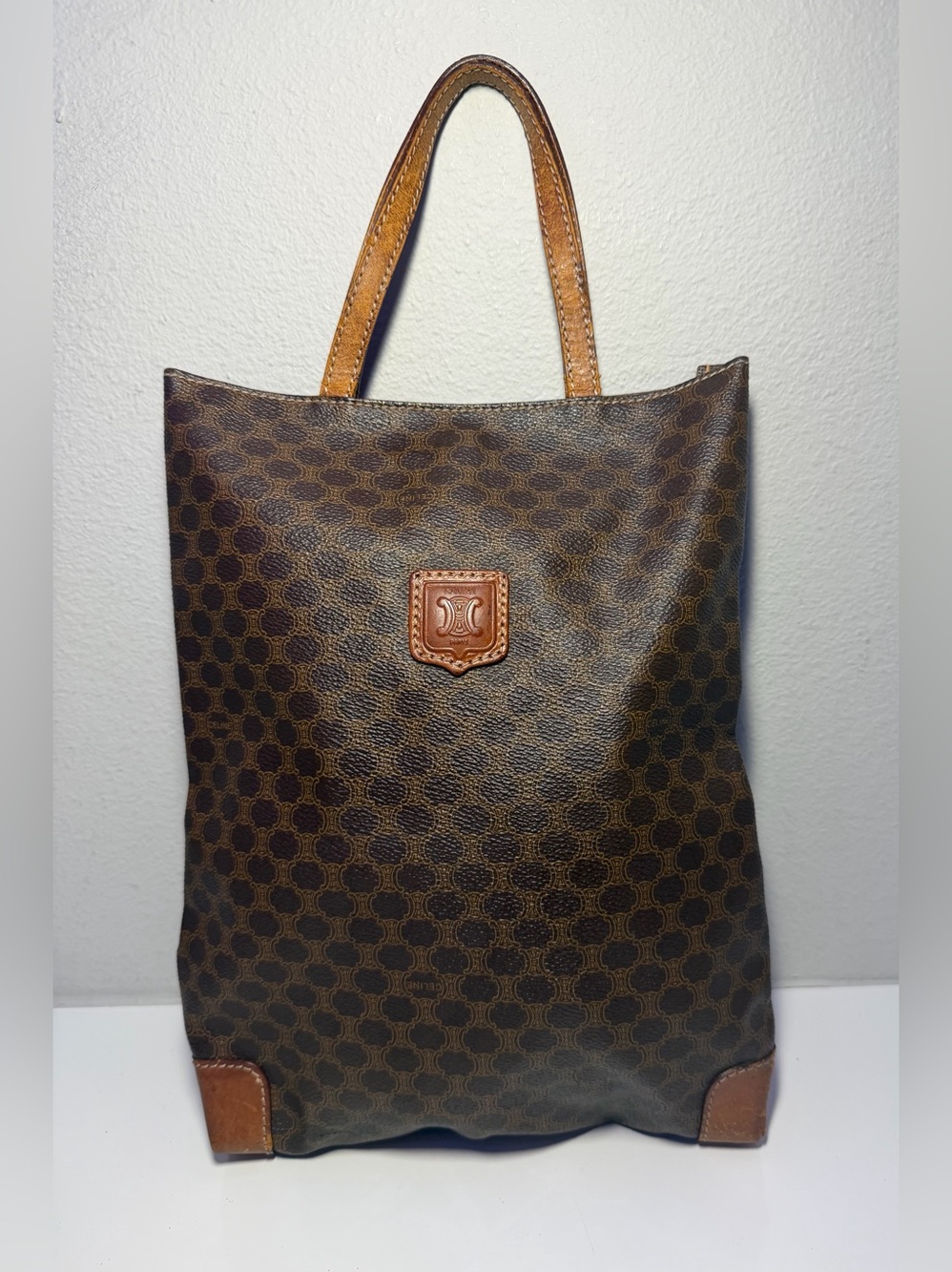 Celine Brown Monogram Tote with Tan Leather Trim